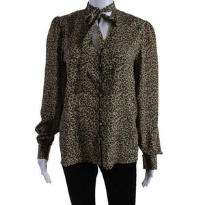 Ellelauri Womens Long Sleeve Button Down Animal Print Blouse Beige Size Medium